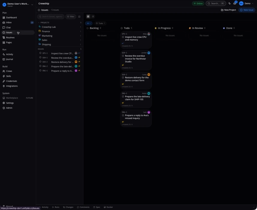 A real issue board with projects and assigned agents, using the demo workspace’s example tasks.