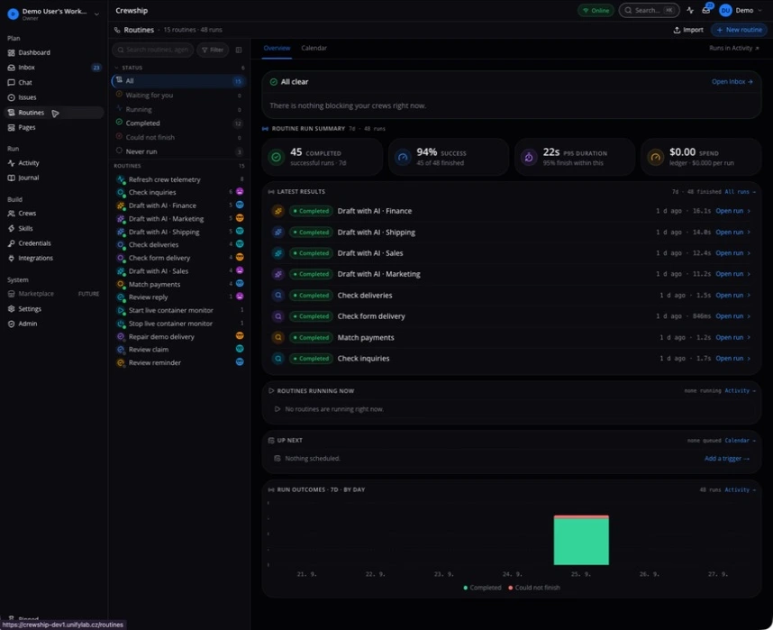 The routines overview shows recorded runs, outcomes, durations, and recent results.